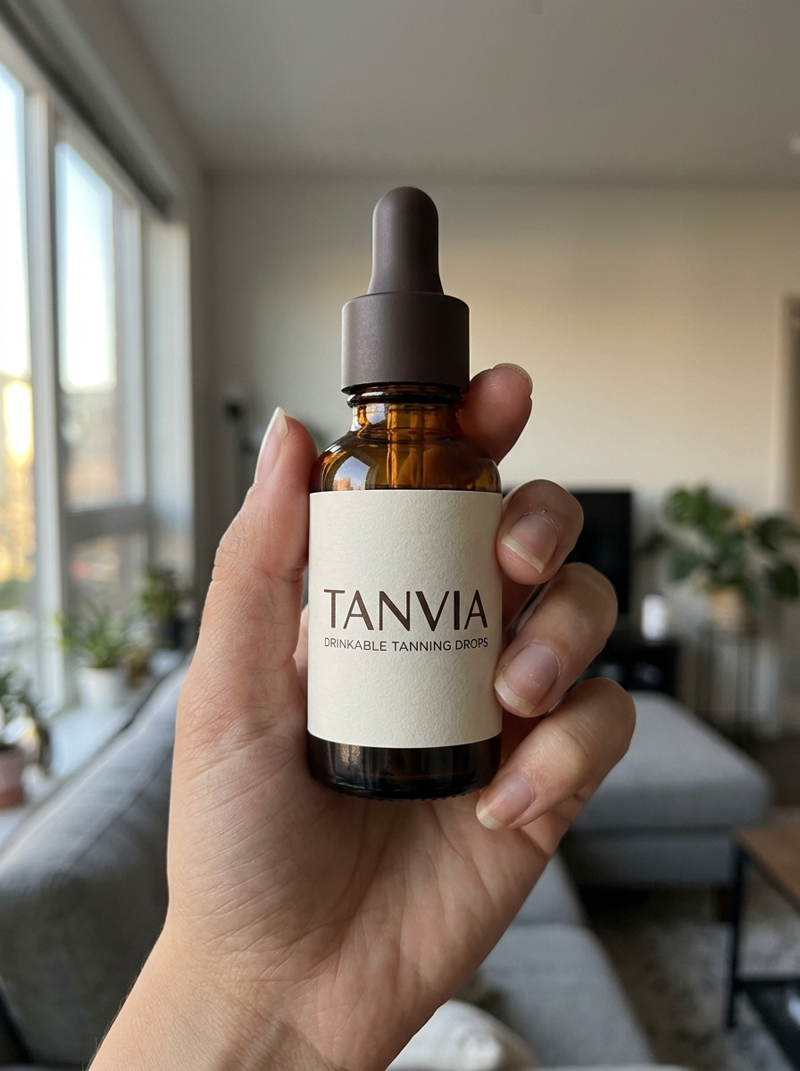 TANVIA drinkable tanning drops bottle held in hand